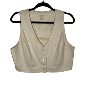 Christian Siriano Vest Women Size 12 Cream Linen Blend Cropped Button Front